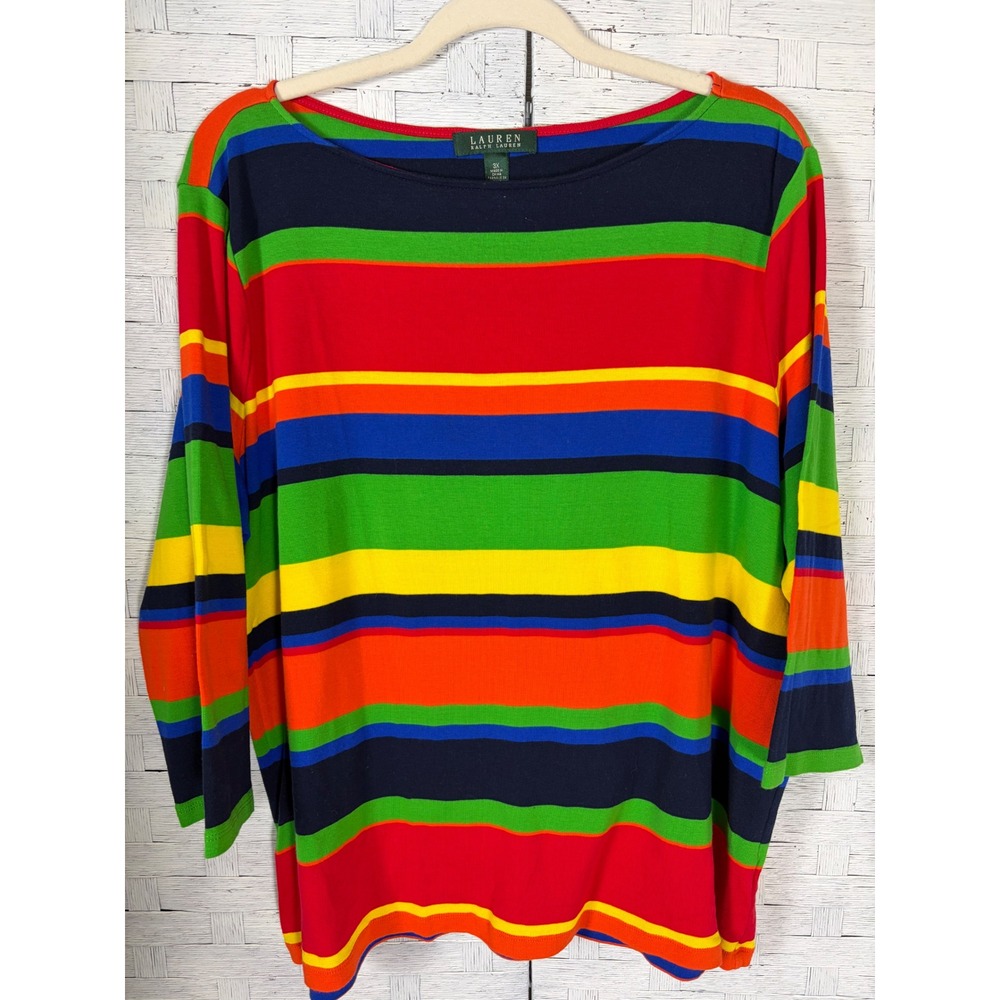 Lauren Ralph Lauren Womens Top Multi Color Striped Boat Neck 3/4 Slv Plus Sz